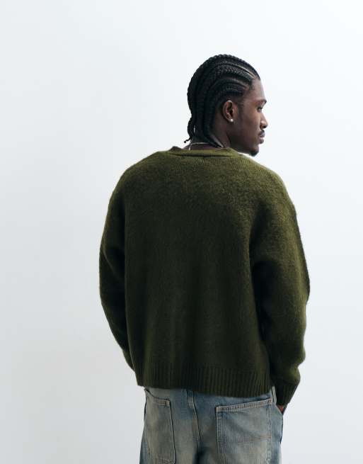 Cotton On fuzzy button down cropped cardigan in khaki, 3 of 5
