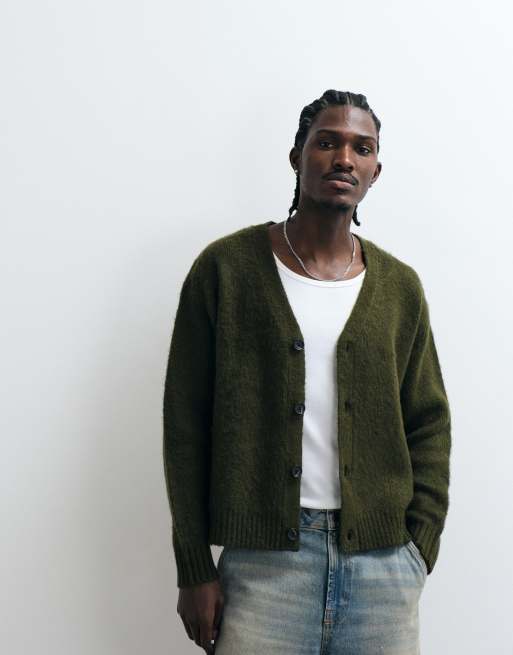 Cotton On fuzzy button down cropped cardigan in khaki, 5 of 5