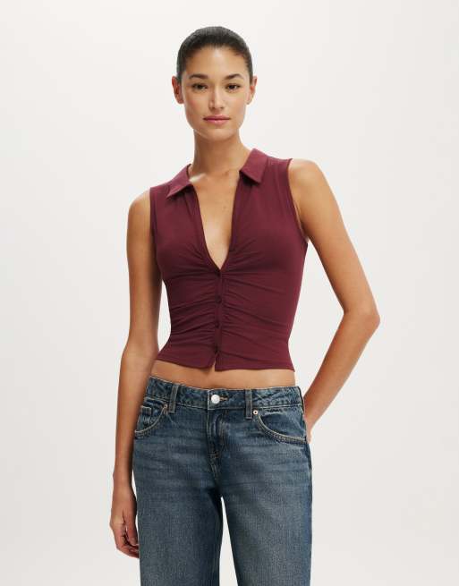 Cotton On Gathered front polo in burgundy, 2 of 4