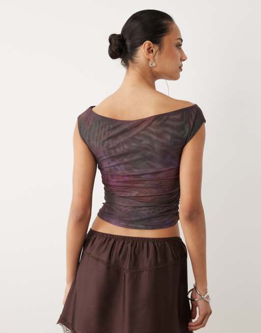 Cotton On gathered mesh off shoulder top in berry blush, 4 of 4