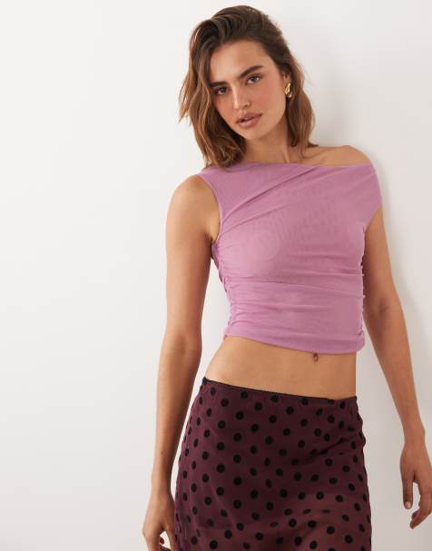Cotton On gathered mesh off shoulder top in cosmic plum - view 1