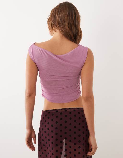 Cotton On gathered mesh off shoulder top in cosmic plum, 4 of 4