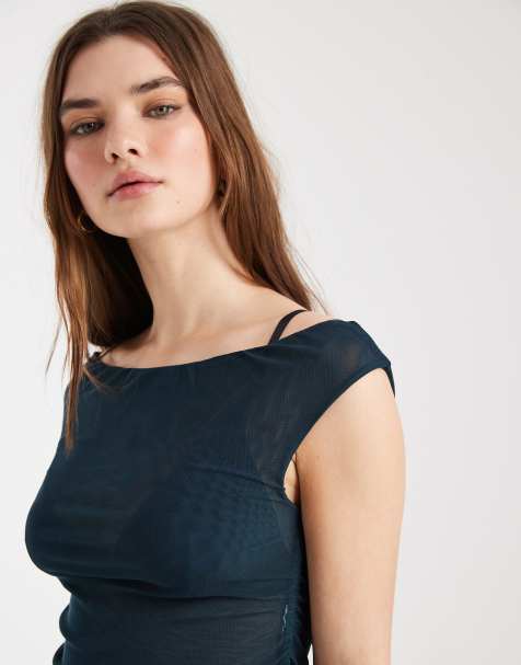 Cotton On gathered mesh off shoulder top in evergreen - view 1