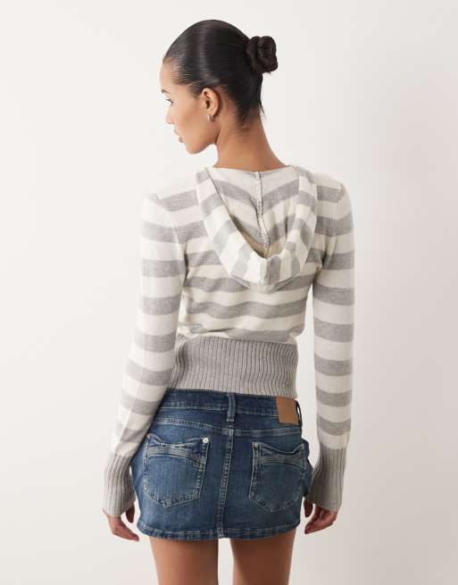 Cotton On - Gebreide gestreepte hoodie met kabels in grijs, 4 van 4