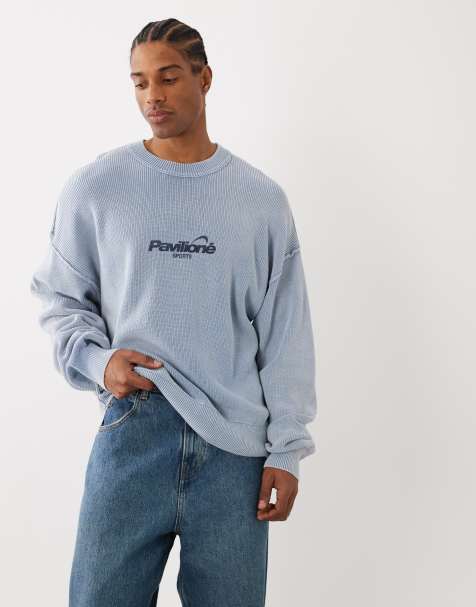 Cotton On - Gebreide trui met ronde hals en grafische print in blauw met wassing - view 1
