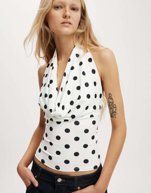 Cotton On - Georgie - Haltertop met gedrapeerde halslijn in wit met zwarte stippen, 3 van 4