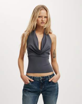 Cotton On - Georgie - Neckholder-Oberteil in Grau mit Wasserfallausschnitt