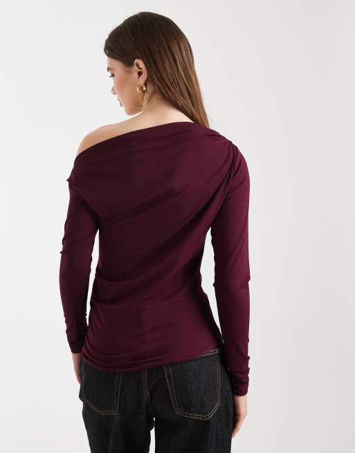 Cotton On georgie off shoulder long sleeve top in blackberry, 4 of 4