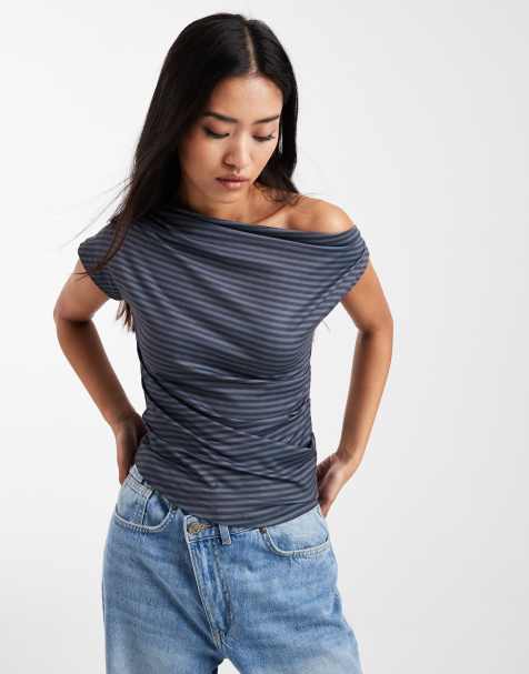 Cotton On Georgie off-shoulder top in blue stripe - view 1