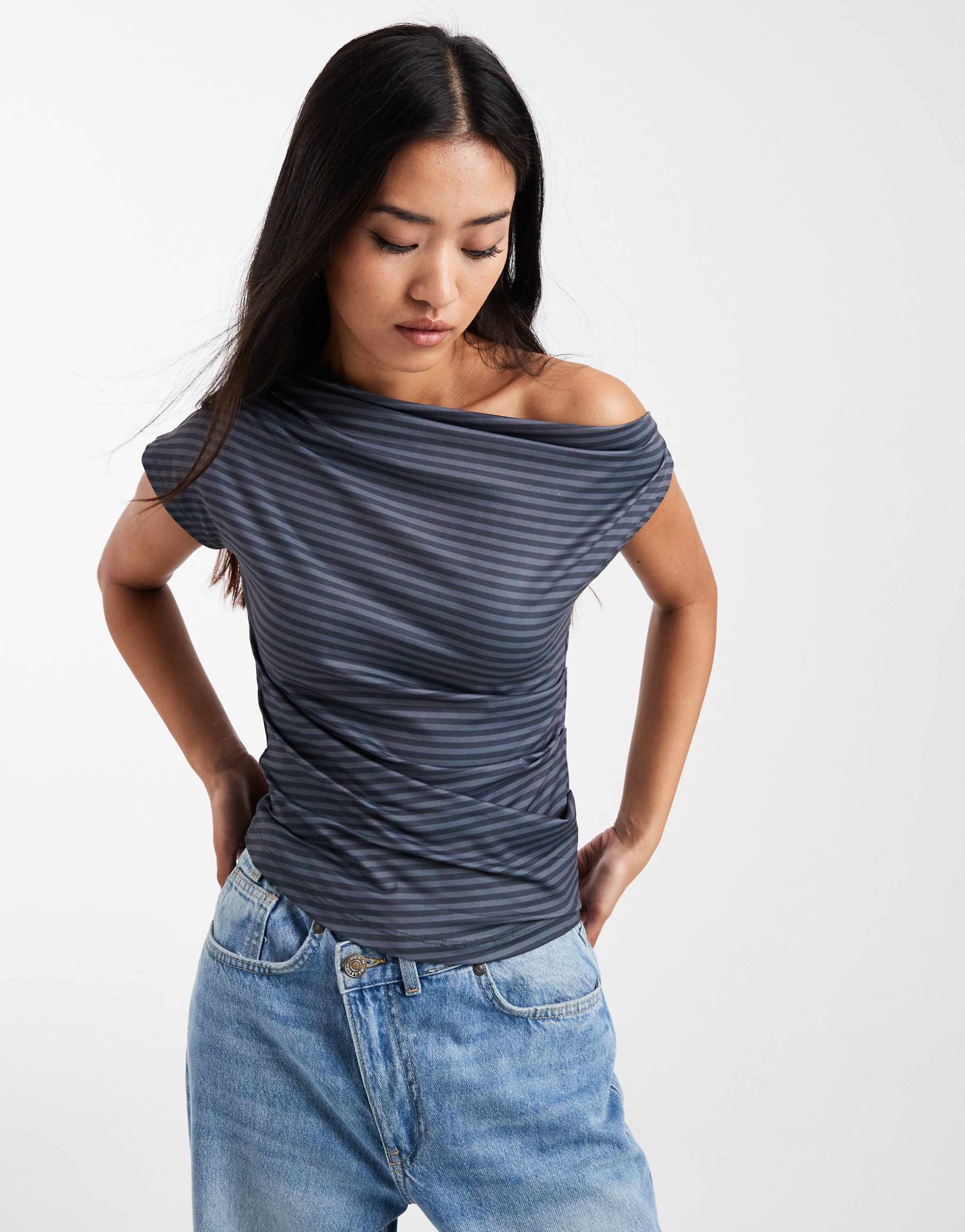 cotton on georgie off-shoulder top in blue stripe