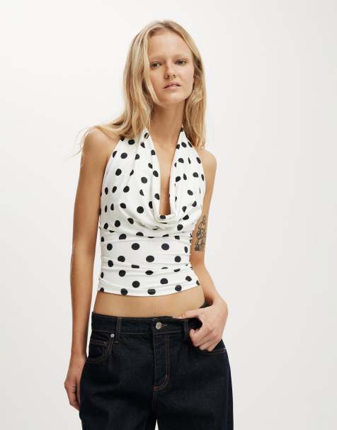 Cotton On - Georgie - Top allacciato al collo bianco a pois neri con scollo ad anello - view 1