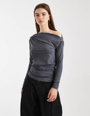 Cotton On - Georgie - Top manches longues à épaules dénudées - Clair de lune ombré-Gris