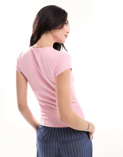 Cotton On - Geribbeld aansluitend T-shirt met korte mouwen in kauwgomroze , 4 van 4
