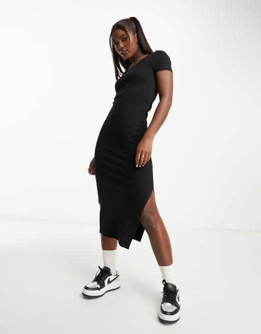 Cotton On - Geribbelde midi-jurk met korte mouwen in zwart 