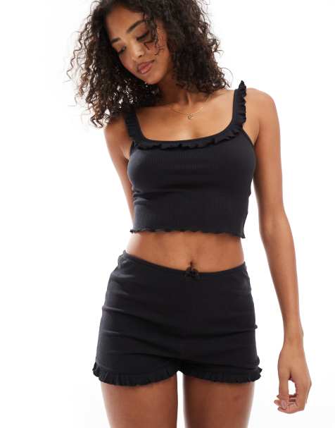 Cotton On - Geribbelde pyjama short met ruches in zwart, deel van co-ord set - view 1