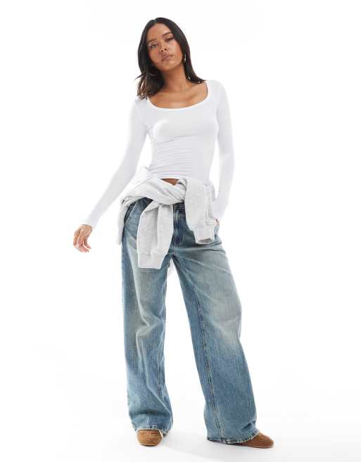 Cotton On - Geribbelde top met lage ronde hals en lange mouwen in wit, 2 van 4