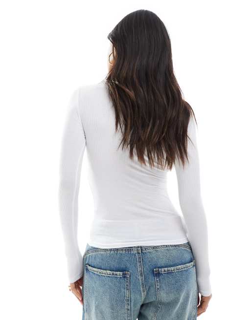 Cotton On - Geribbelde top met lage ronde hals en lange mouwen in wit, 4 van 4