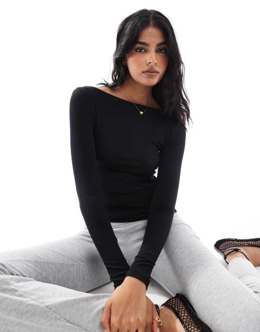 Cotton On - Geribbelde top met lange mouwen en boothals in zwart