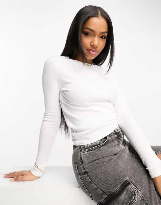 Cotton On - Geribbelde top met ronde hals en lange mouwen in wit  