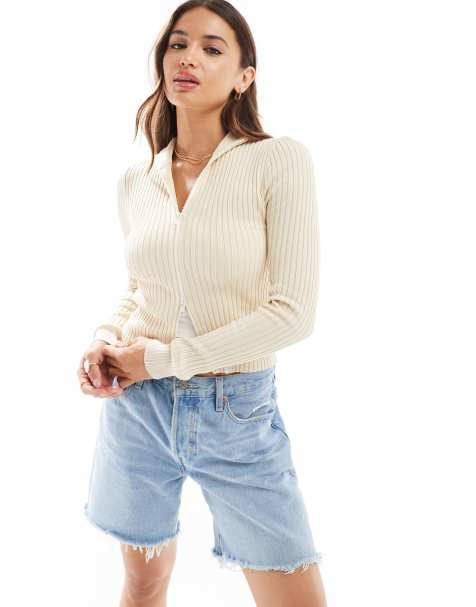 Cotton On – Gerippte Strickjacke in Ecru mit Zwei-Wege-Reißverschluss und Kragen - view 1