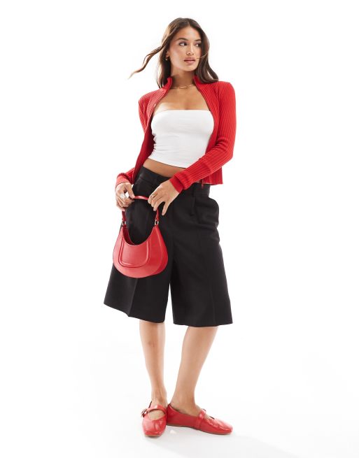Cotton On – Gerippte Strickjacke in Kirschrot mit Zwei-Wege-Reißverschluss und Kragen, 2 von 4