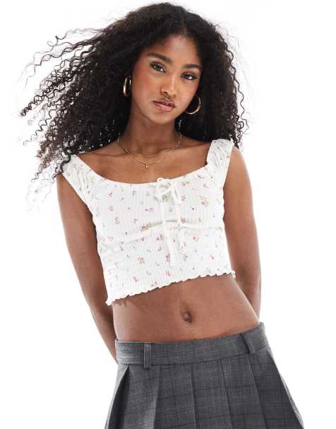 Cotton On - Gesmokte top met korte mouwen in vintage wit met fijne print - view 1