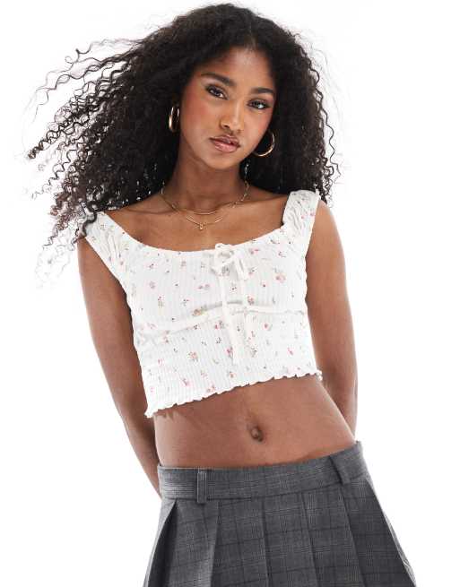 Cotton On - Gesmokte top met korte mouwen in vintage wit met fijne print