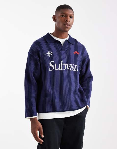 Cotton On - Gestreept poloshirt met lange mouwen en rechte pasvorm in marineblauw - view 1