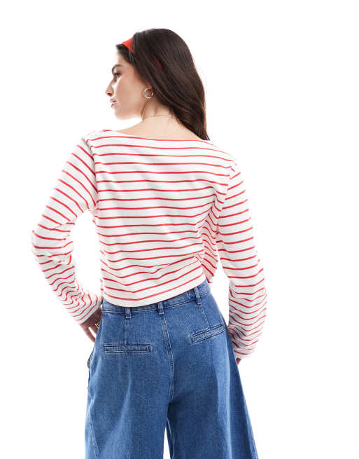 Cotton On - Gestreepte crop top met lange mouwen en boothals in rood, 2 van 4