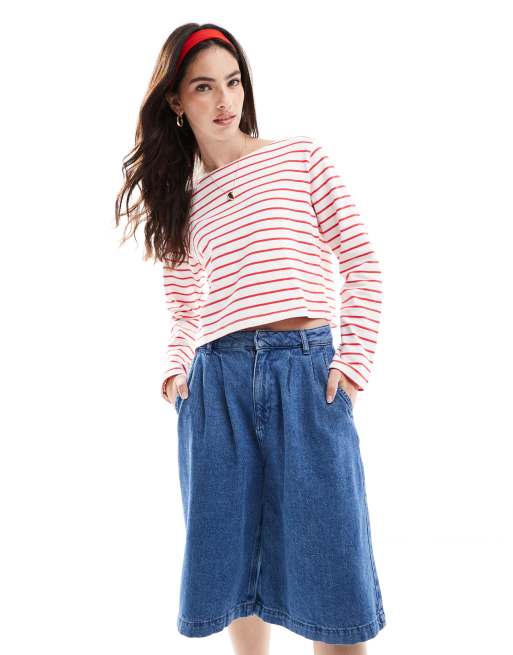 Cotton On - Gestreepte crop top met lange mouwen en boothals in rood, 4 van 4