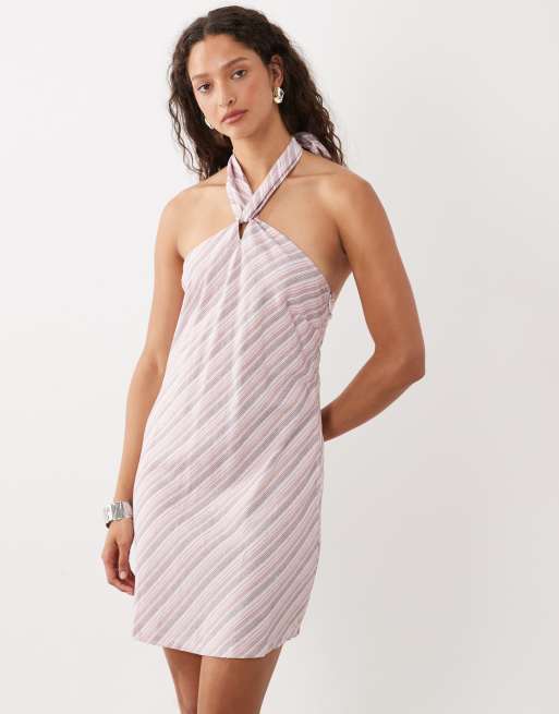 Cotton On - Gestreepte jurk met linnenlook en halternek in roze, 4 van 4