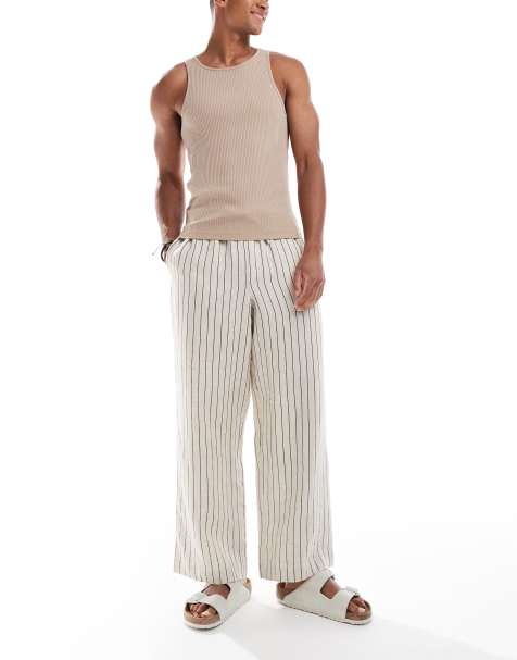 Cotton On - Gestreepte linnen broek met baggy pasvorm in lichtbeige - view 1