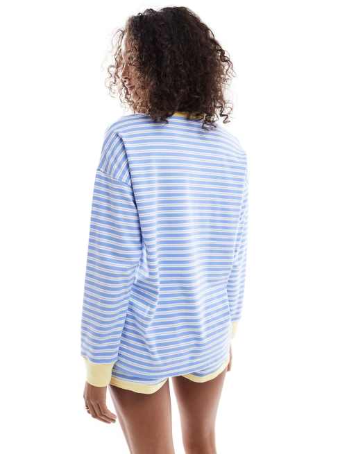Cotton On – Gestreiftes, langärmliges Lounge-Oberteil in Blau und Weiß, Kombiteil, 3 von 4