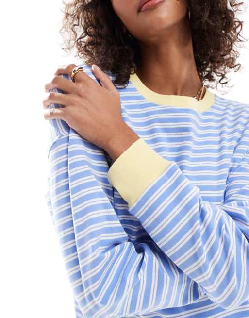 Cotton On – Gestreiftes, langärmliges Lounge-Oberteil in Blau und Weiß, Kombiteil, 4 von 4