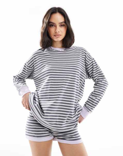 Cotton On – Gestreiftes, langärmliges Lounge-Oberteil in Schwarz und Grau, Kombiteil - view 1