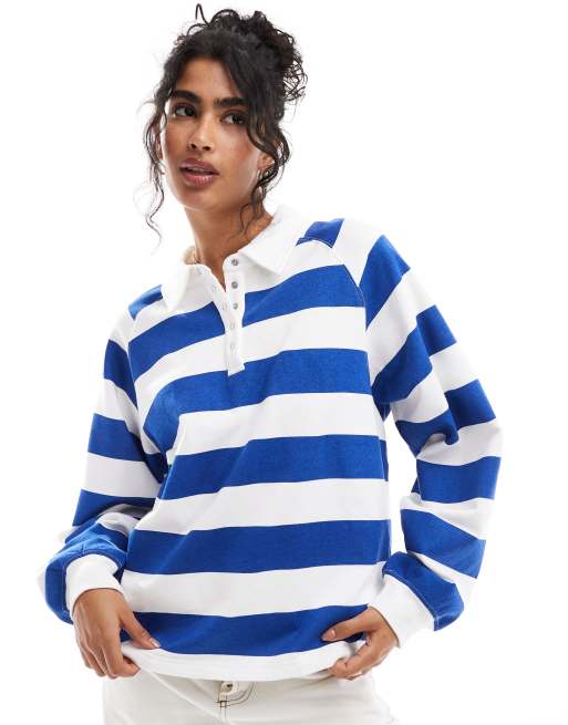 Cotton On – Gestreiftes Lounge-Sweatshirt in leuchtendem Blau mit Knopfleiste