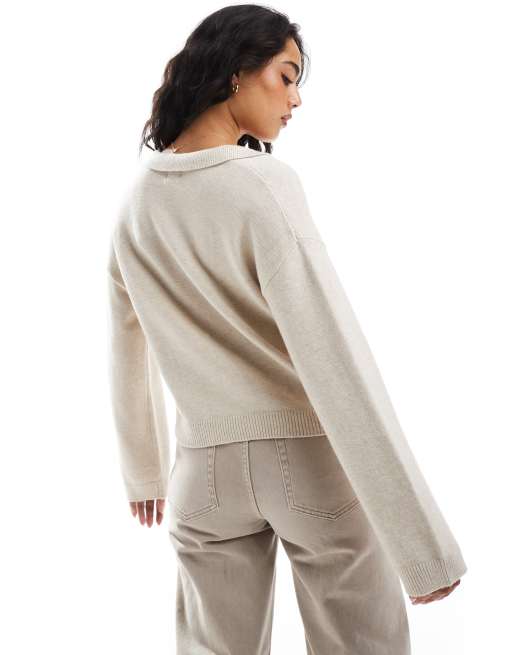 Cotton On – Gestricktes Polo-Sweatshirt in Steinbeige mit V-Ausschnitt, 4 von 4