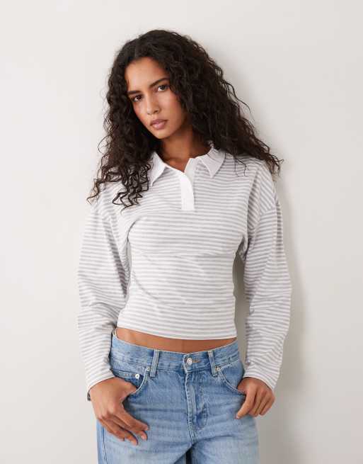 Cotton On glattes Langarm-Polo für jeden Tag in grauem Streifenmuster, 1 von 4