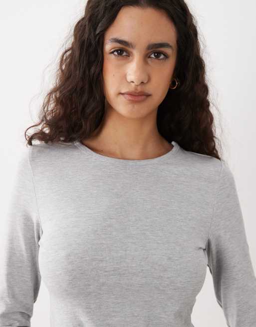 Cotton On – Gråmelerad, lång topp med rund halsringning och långa ärmar, 3 av 4