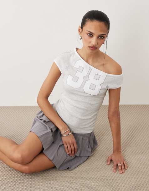 Cotton On graphic off shoulder tee in grey marle - view 1