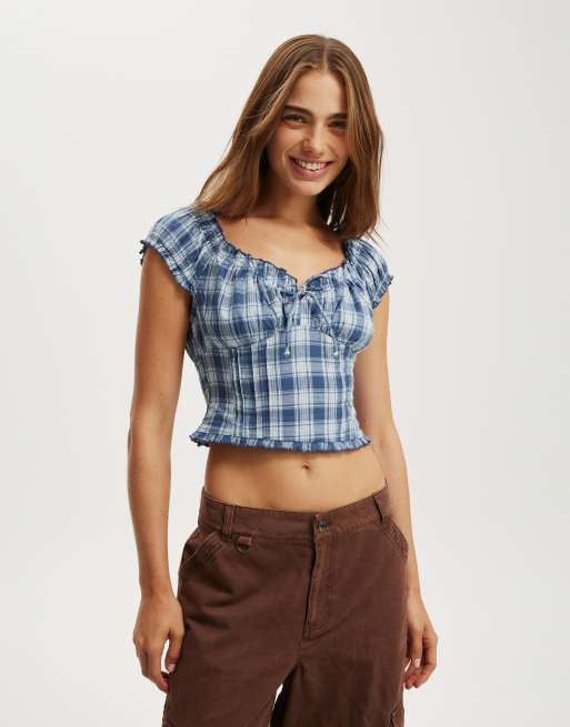 Cotton  On Greta frill sleeve blouse in navy 