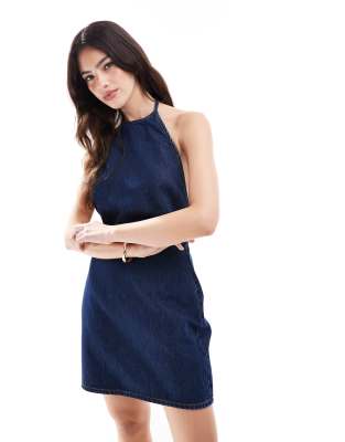 Cotton On Halter denim mini dress in blue