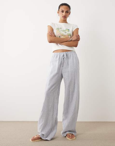 Cotton On - Haven - Blå- og hvidstribede bukser i hørlook med vide ben - view 1