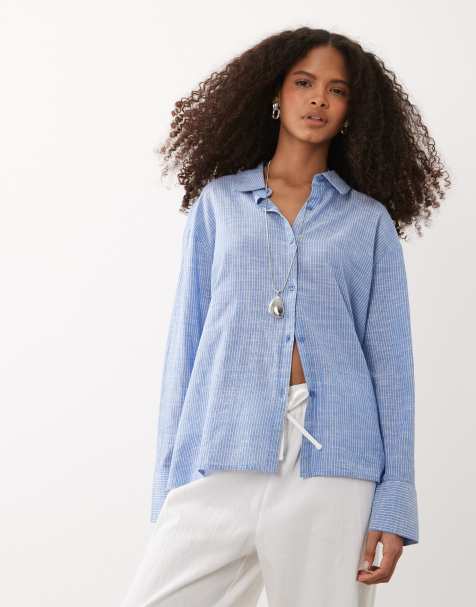 Cotton On - Haven - Blå stribet oversized dad-skjorte i hørblanding - view 1