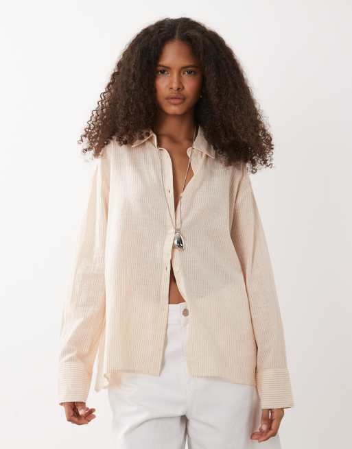 Cotton On - Haven - Camicia dad oversize in misto lino a righe color guava