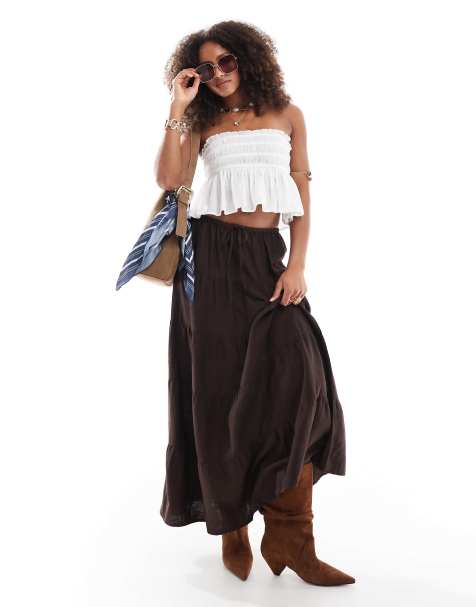 Cotton On haven tiered linen blend maxi skirt in dark oak
