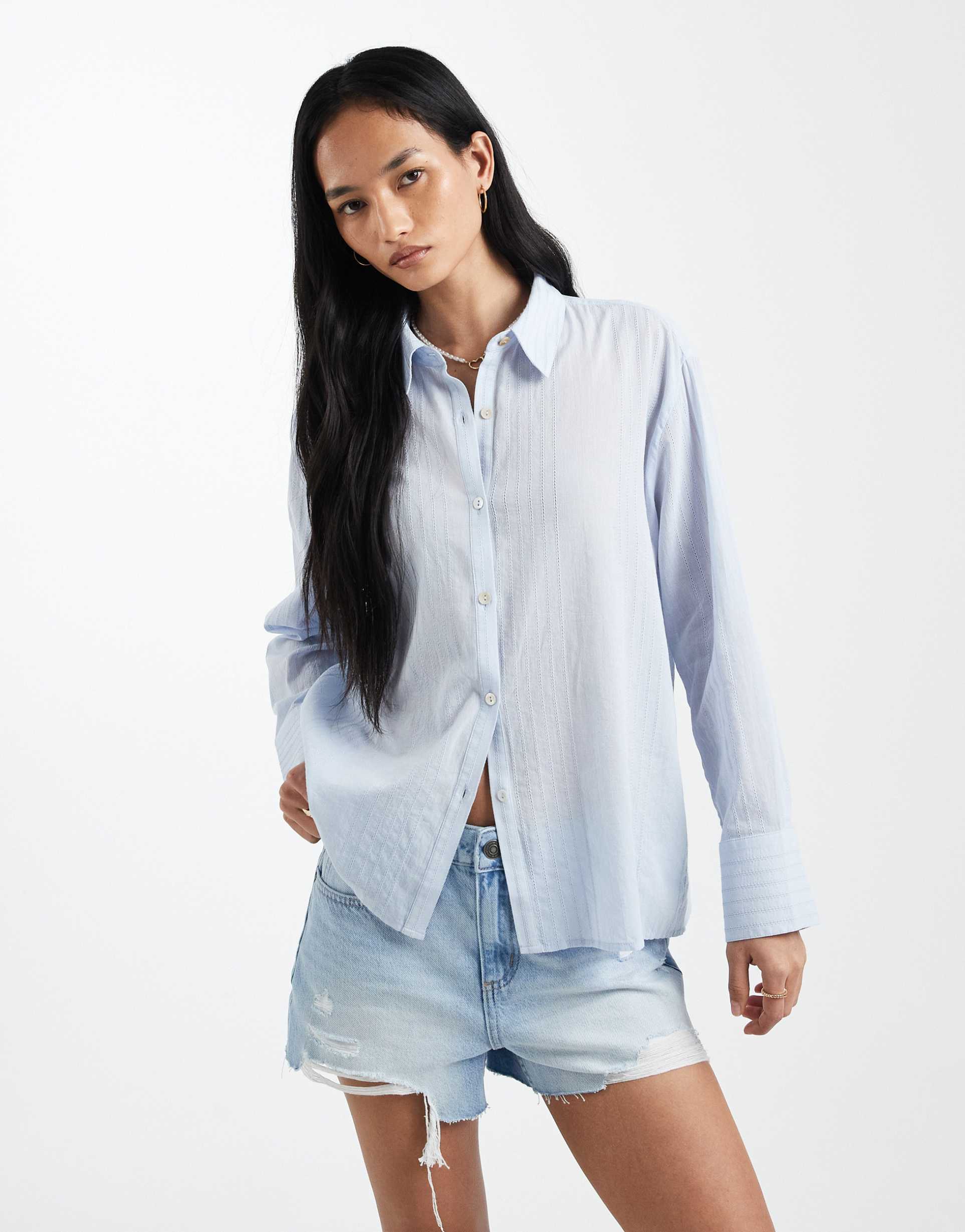 cotton on haven cotton textured dad shirt in blue