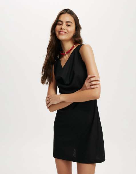 Cotton On Haven cowl neck linen blend mini dress in black - view 1