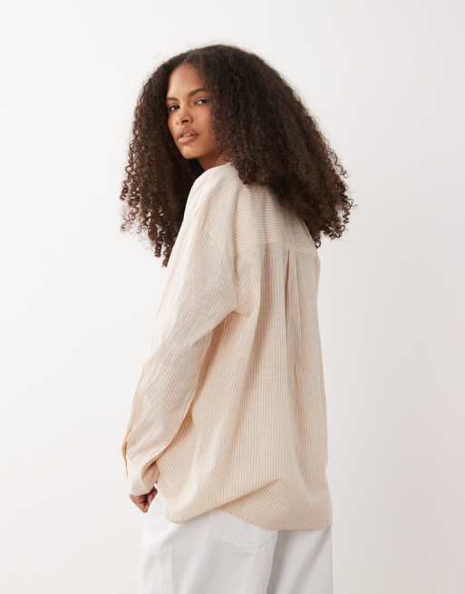 Cotton On – Haven – Kremowa koszula oversize typu dad z mieszanki lnu w paski, 4 z 4