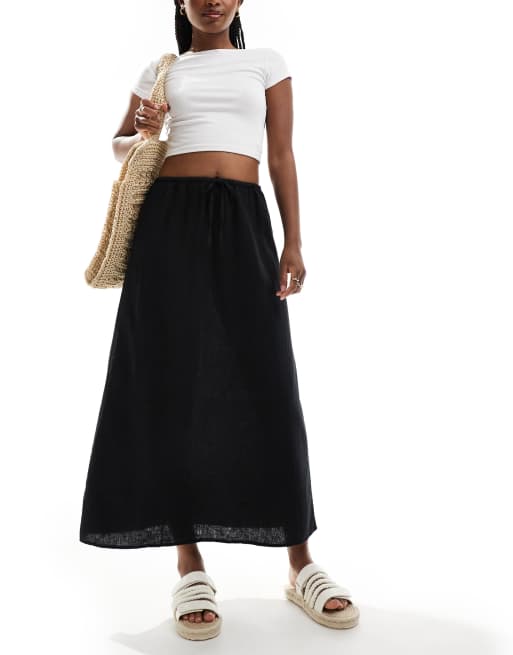 Cotton On Haven linen blend maxi slip skirt in black